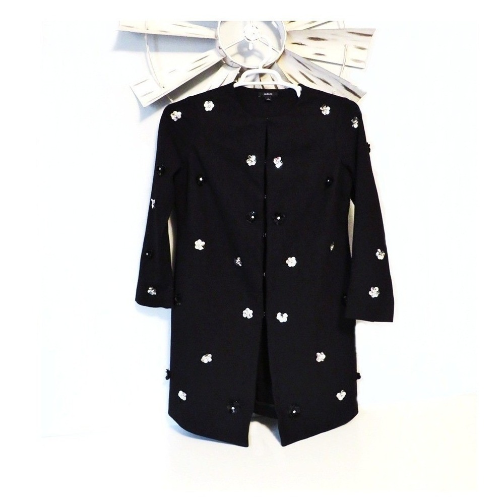Alfani Black Embellished Coat Small Sequin Floral Gem Open Front Evening Jacket